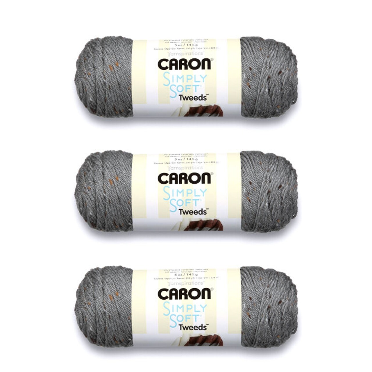 Caron Simply Soft Gray Heather Tweeds Yarn - 3 Pack of 141g/5oz - Acrylic - 4 Medium (Worsted) - 250 Yards - Knitting/Crochet